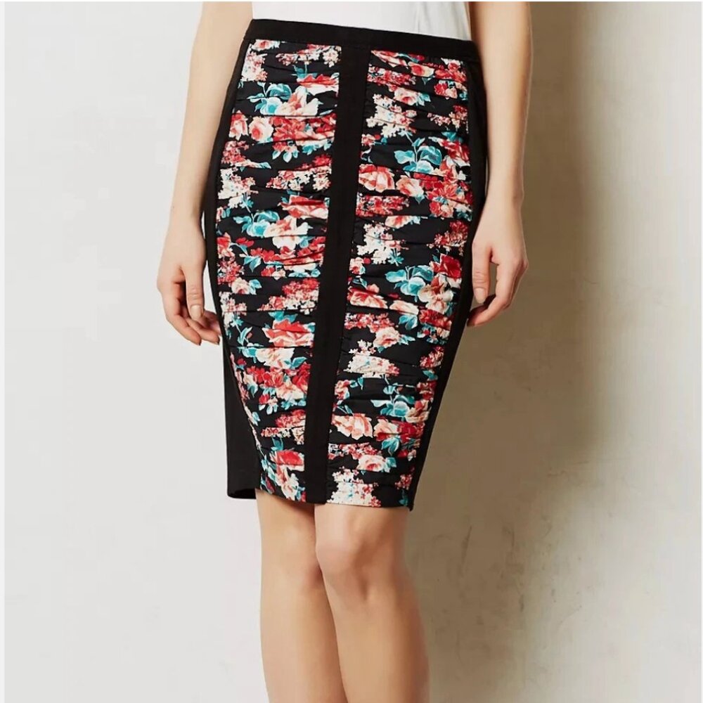 Anthropologie Bailey 44 Black and Pink Ruched Floral Pencil Skirt in M